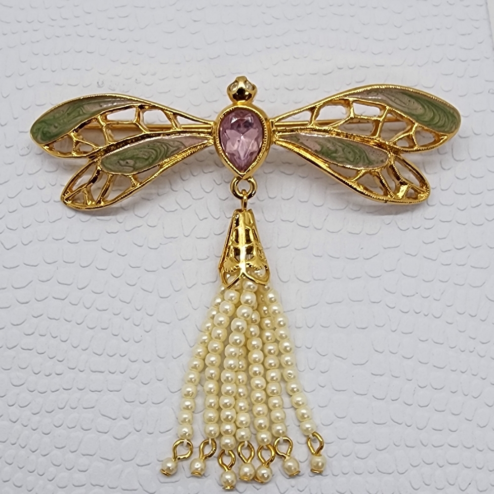 Avon Dragon Fly Gold & Faux Pearl Brooch Pendant - Picture 4 of 17